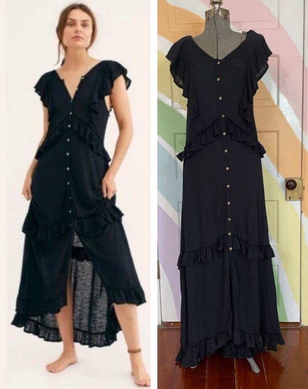 ✨ Free People FP Beach Amelia Black Maxi Dress Button Up Ruffle Boho Sz L